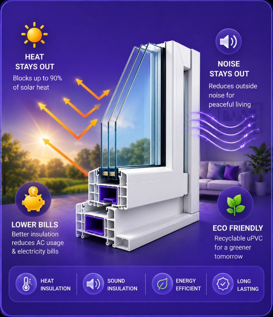 uPVC window cross-section: heat stays out, noise stays out, lower bills, eco friendly